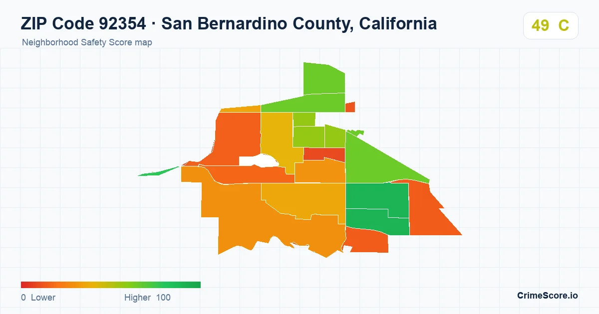 ZIP Code 92354 in San Bernardino County, California neighborhood Safety Score map