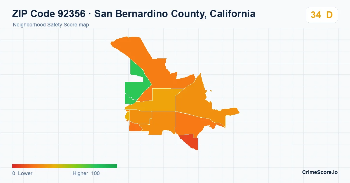 ZIP Code 92356 in San Bernardino County, California neighborhood Safety Score map