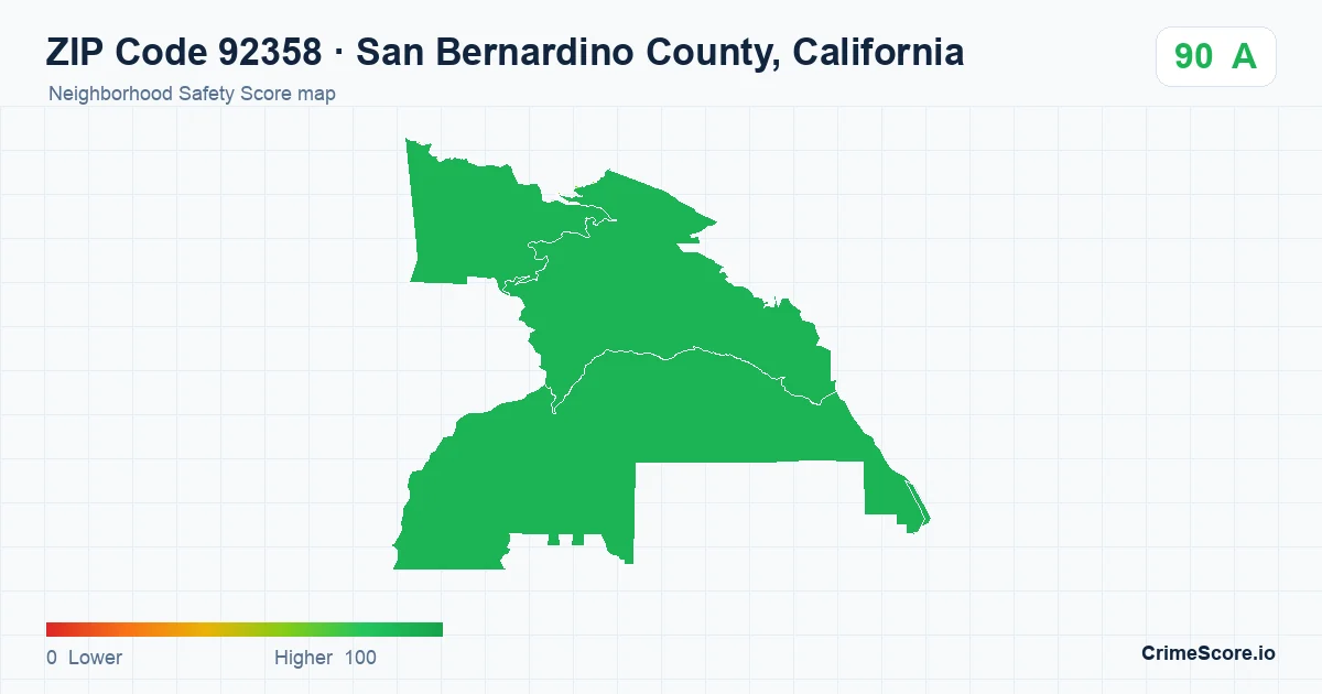 ZIP Code 92358 in San Bernardino County, California neighborhood Safety Score map