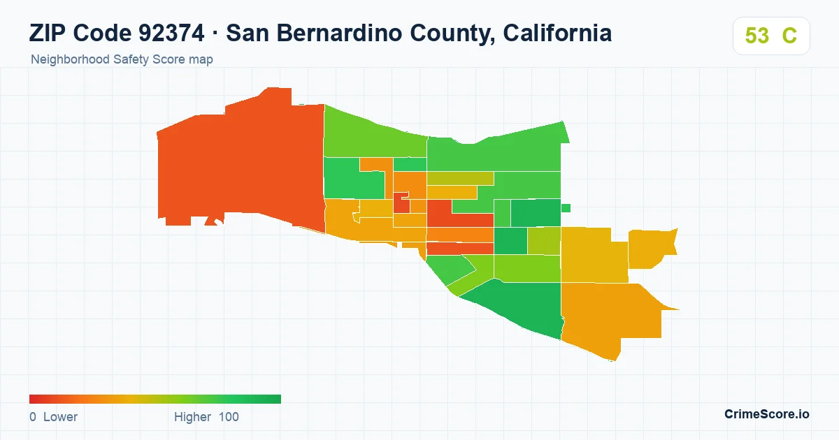 ZIP Code 92374 in San Bernardino County, California neighborhood Safety Score map