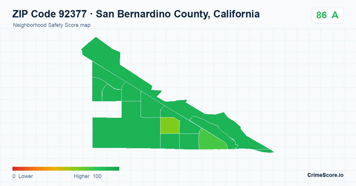 ZIP Code 92377 in San Bernardino County, California neighborhood Safety Score map