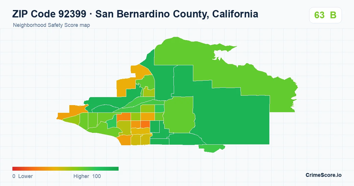 ZIP Code 92399 in San Bernardino County, California neighborhood Safety Score map