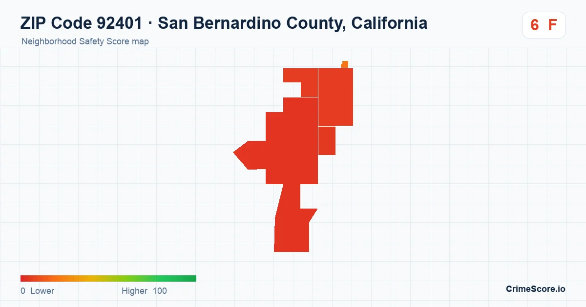 ZIP Code 92401 in San Bernardino County, California neighborhood Safety Score map