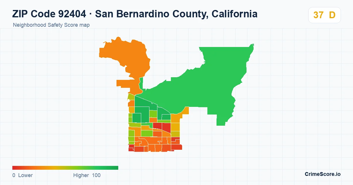 ZIP Code 92404 in San Bernardino County, California neighborhood Safety Score map