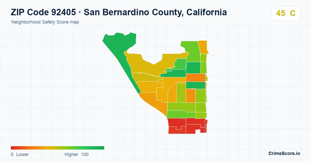 ZIP Code 92405 in San Bernardino County, California neighborhood Safety Score map