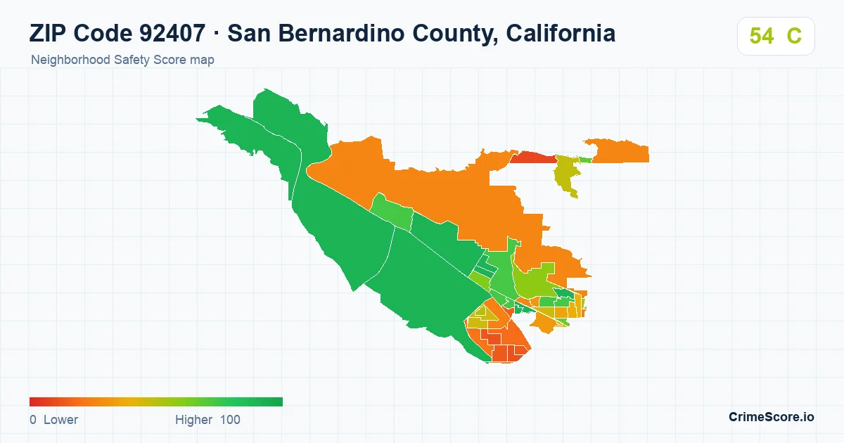 ZIP Code 92407 in San Bernardino County, California neighborhood Safety Score map