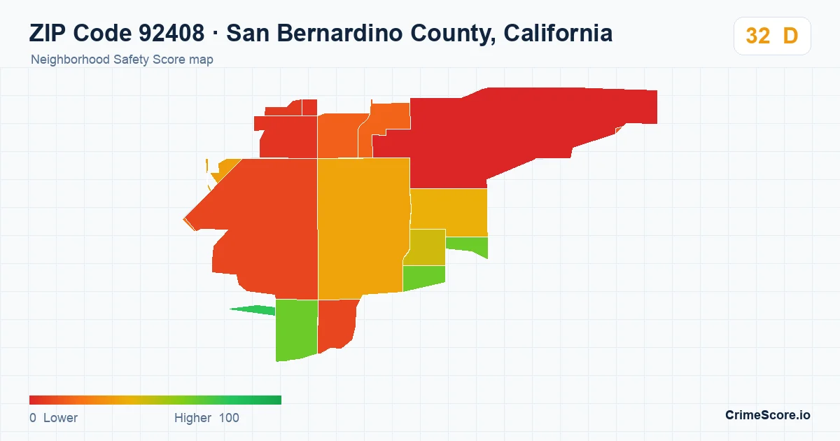 ZIP Code 92408 in San Bernardino County, California neighborhood Safety Score map