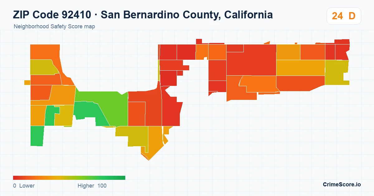 ZIP Code 92410 in San Bernardino County, California neighborhood Safety Score map
