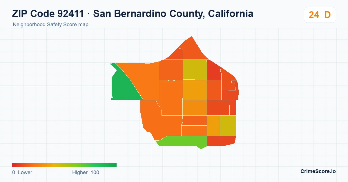 ZIP Code 92411 in San Bernardino County, California neighborhood Safety Score map