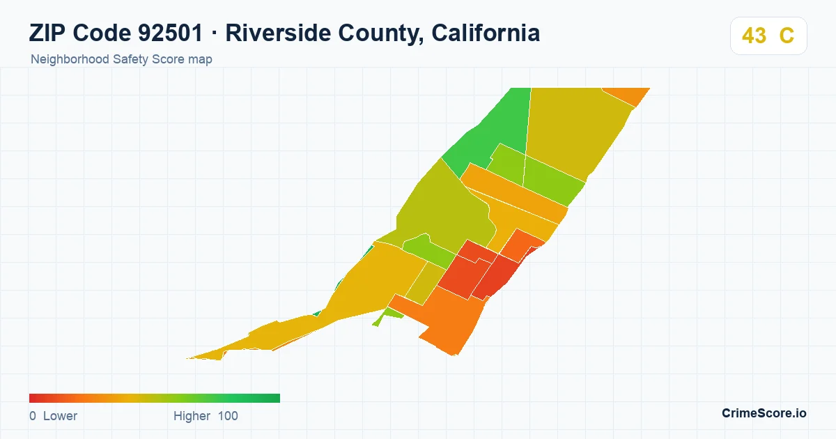 ZIP Code 92501 in Riverside County, California neighborhood Safety Score map
