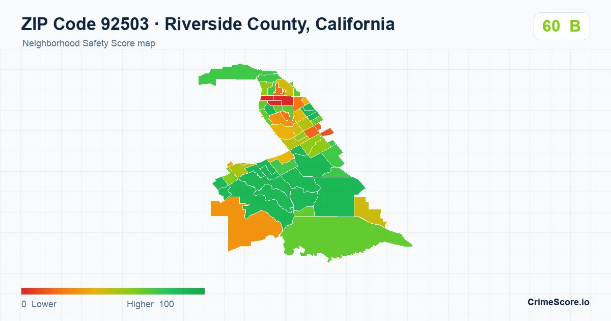 ZIP Code 92503 in Riverside County, California neighborhood Safety Score map
