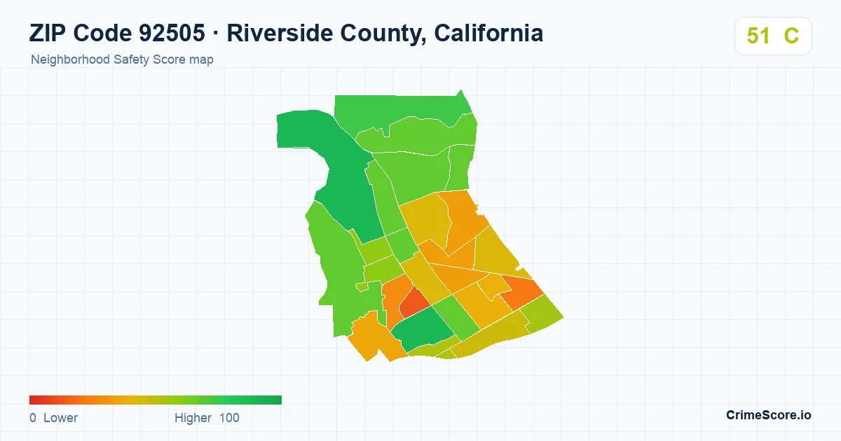 ZIP Code 92505 in Riverside County, California neighborhood Safety Score map