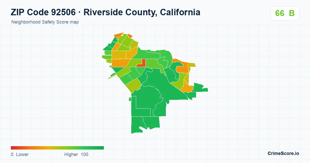 ZIP Code 92506 in Riverside County, California neighborhood Safety Score map