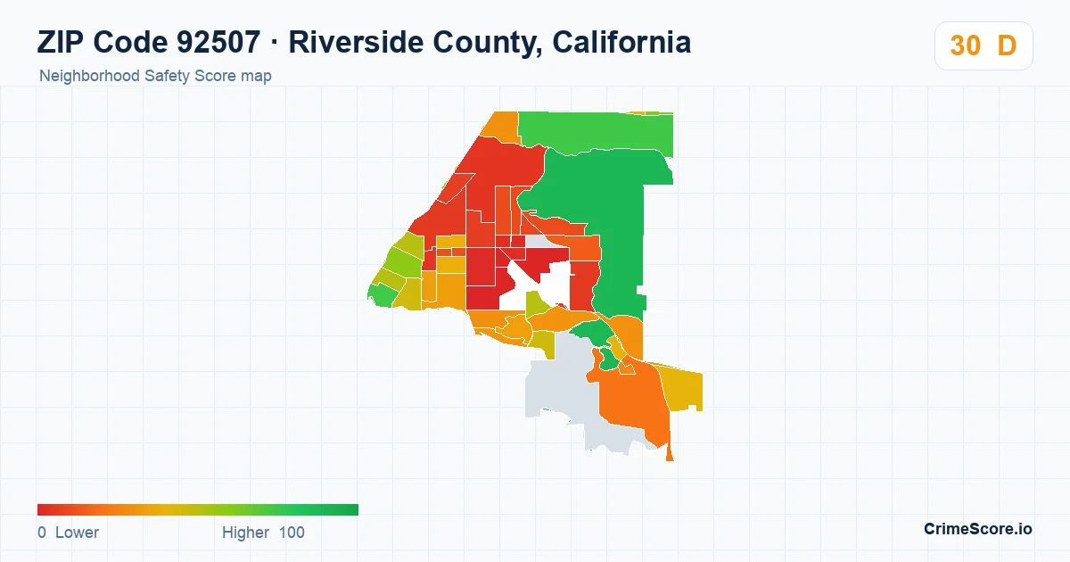ZIP Code 92507 in Riverside County, California neighborhood Safety Score map