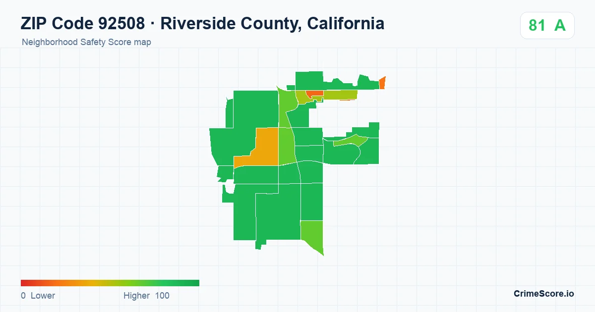 ZIP Code 92508 in Riverside County, California neighborhood Safety Score map