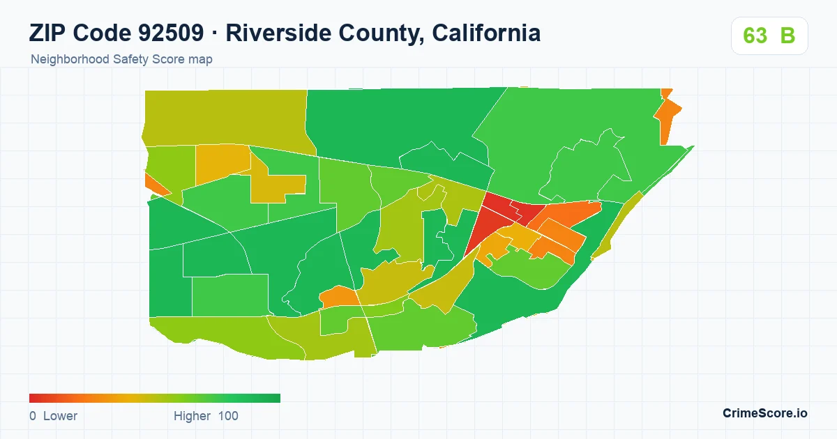 ZIP Code 92509 in Riverside County, California neighborhood Safety Score map