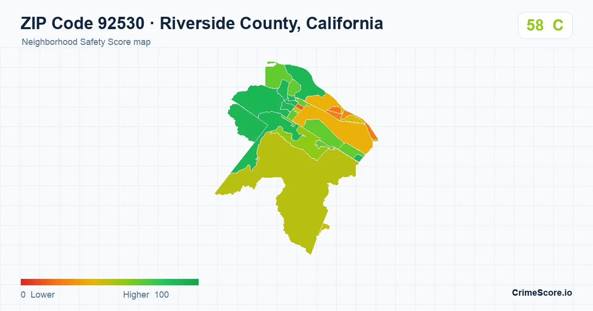 ZIP Code 92530 in Riverside County, California neighborhood Safety Score map