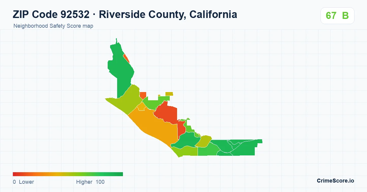 ZIP Code 92532 in Riverside County, California neighborhood Safety Score map