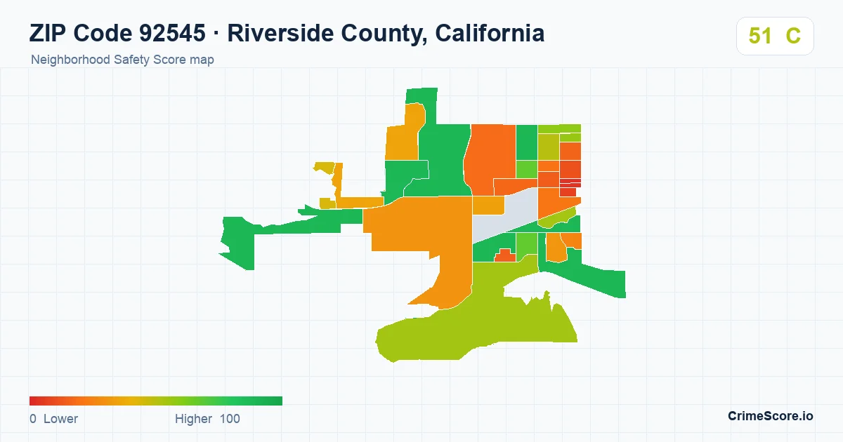 ZIP Code 92545 in Riverside County, California neighborhood Safety Score map