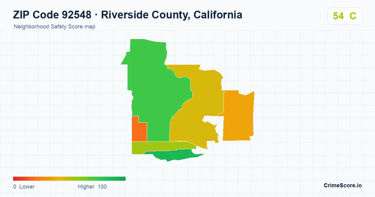 ZIP Code 92548 in Riverside County, California neighborhood Safety Score map