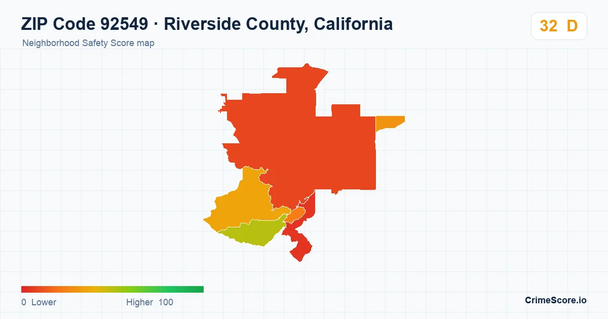 ZIP Code 92549 in Riverside County, California neighborhood Safety Score map