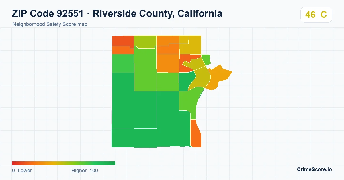 ZIP Code 92551 in Riverside County, California neighborhood Safety Score map