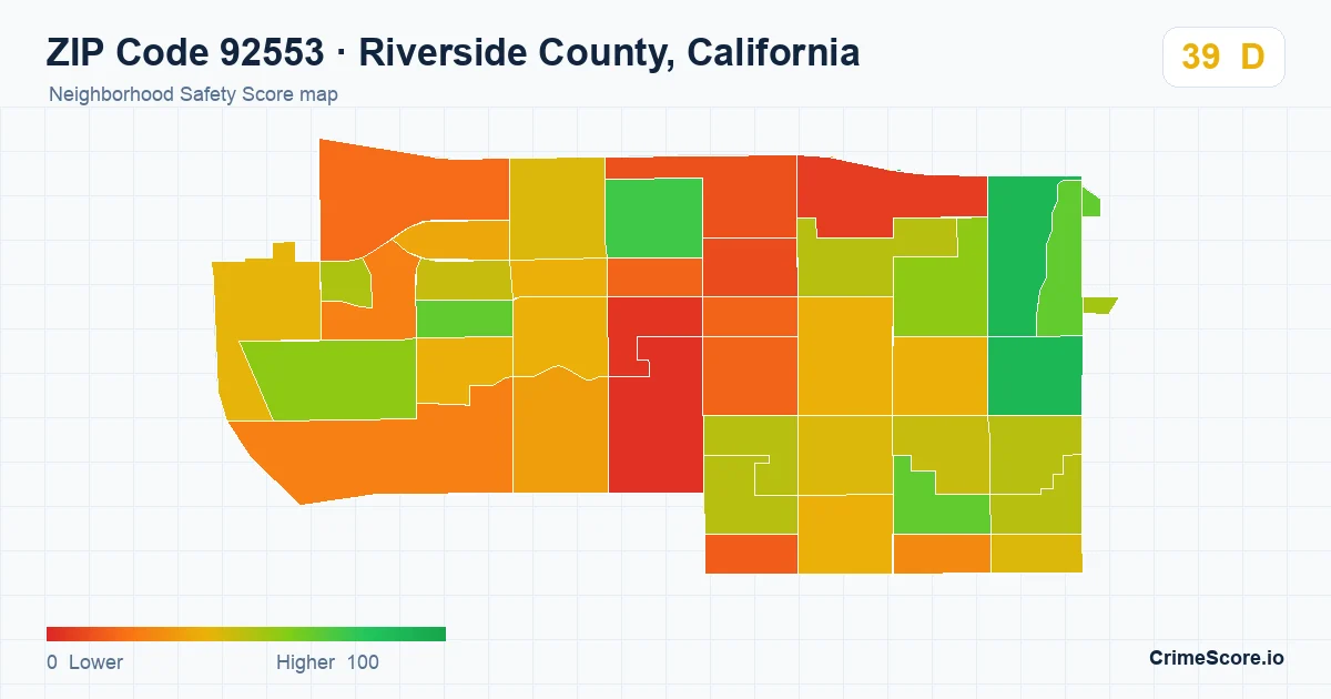 ZIP Code 92553 in Riverside County, California neighborhood Safety Score map