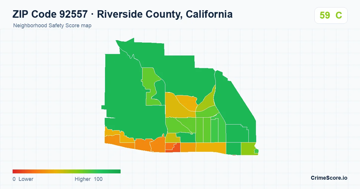 ZIP Code 92557 in Riverside County, California neighborhood Safety Score map