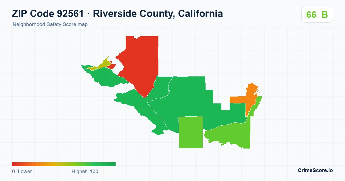 ZIP Code 92561 in Riverside County, California neighborhood Safety Score map