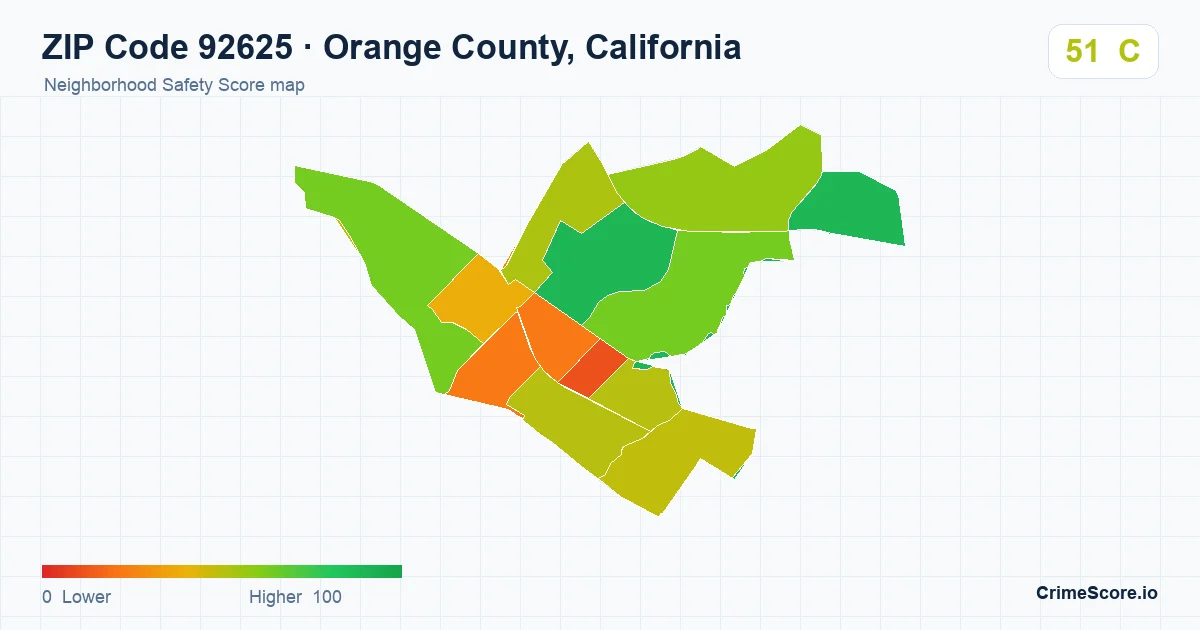 ZIP Code 92625 in Orange County, California neighborhood Safety Score map