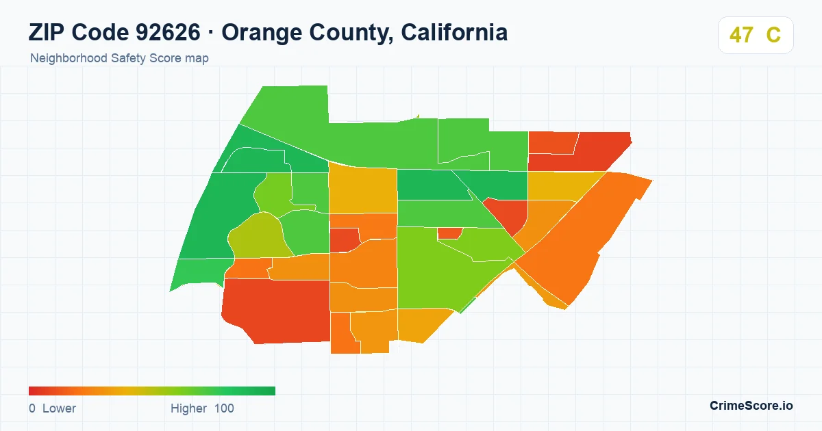 ZIP Code 92626 in Orange County, California neighborhood Safety Score map