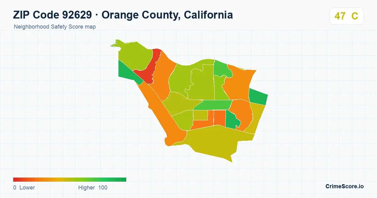 ZIP Code 92629 in Orange County, California neighborhood Safety Score map