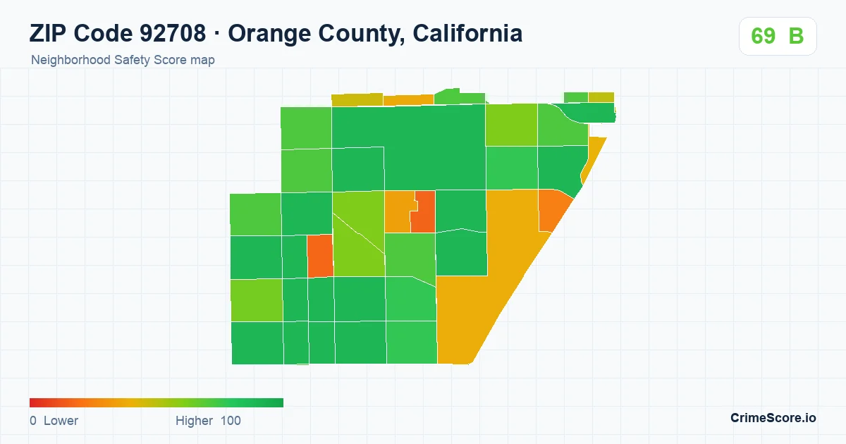 ZIP Code 92708 in Orange County, California neighborhood Safety Score map