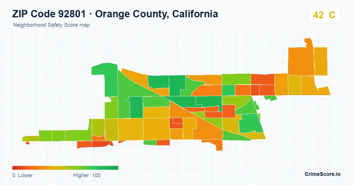 ZIP Code 92801 in Orange County, California neighborhood Safety Score map