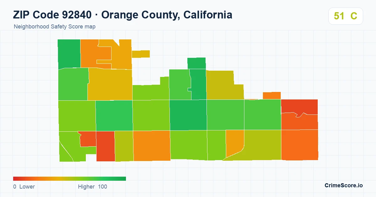 ZIP Code 92840 in Orange County, California neighborhood Safety Score map