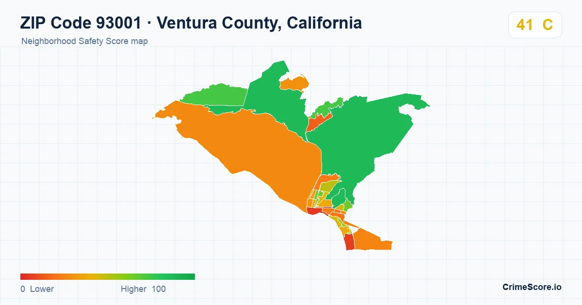 ZIP Code 93001 in Ventura County, California neighborhood Safety Score map