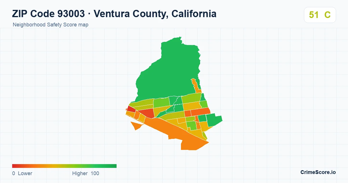 ZIP Code 93003 in Ventura County, California neighborhood Safety Score map