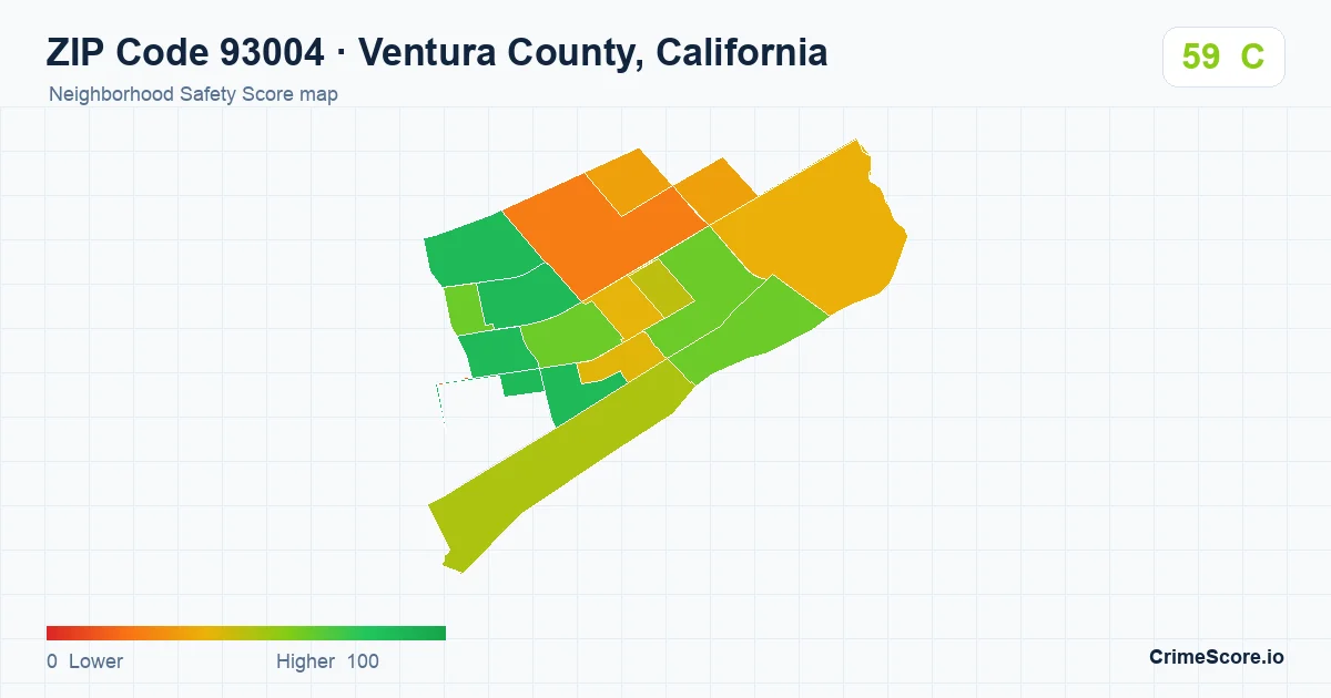 ZIP Code 93004 in Ventura County, California neighborhood Safety Score map