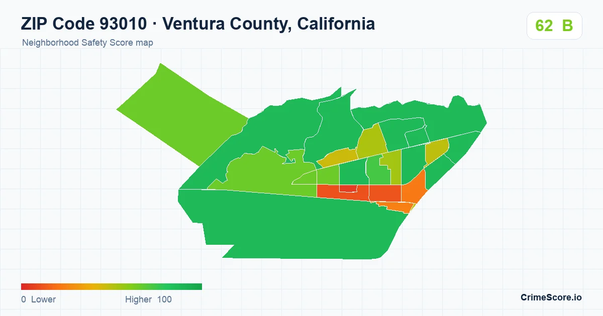 ZIP Code 93010 in Ventura County, California neighborhood Safety Score map