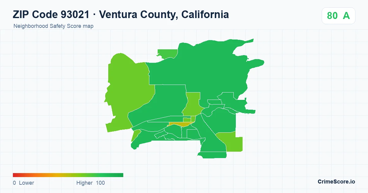 ZIP Code 93021 in Ventura County, California neighborhood Safety Score map