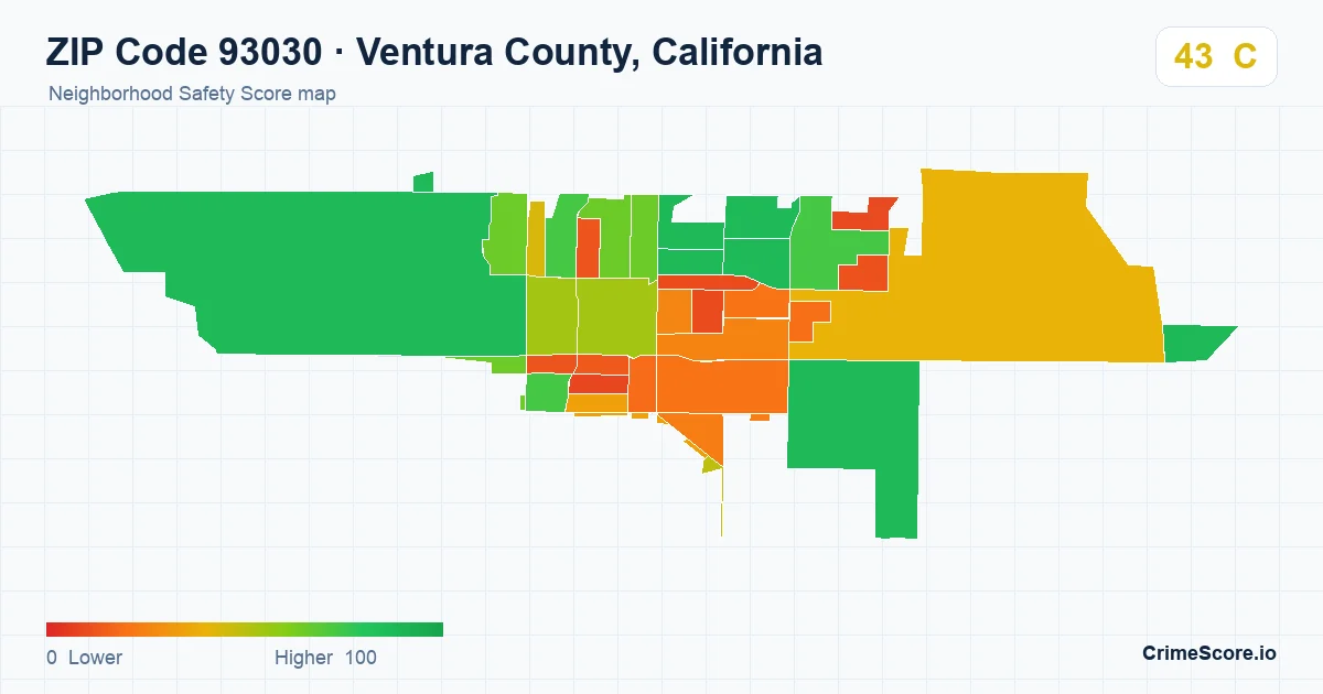 ZIP Code 93030 in Ventura County, California neighborhood Safety Score map