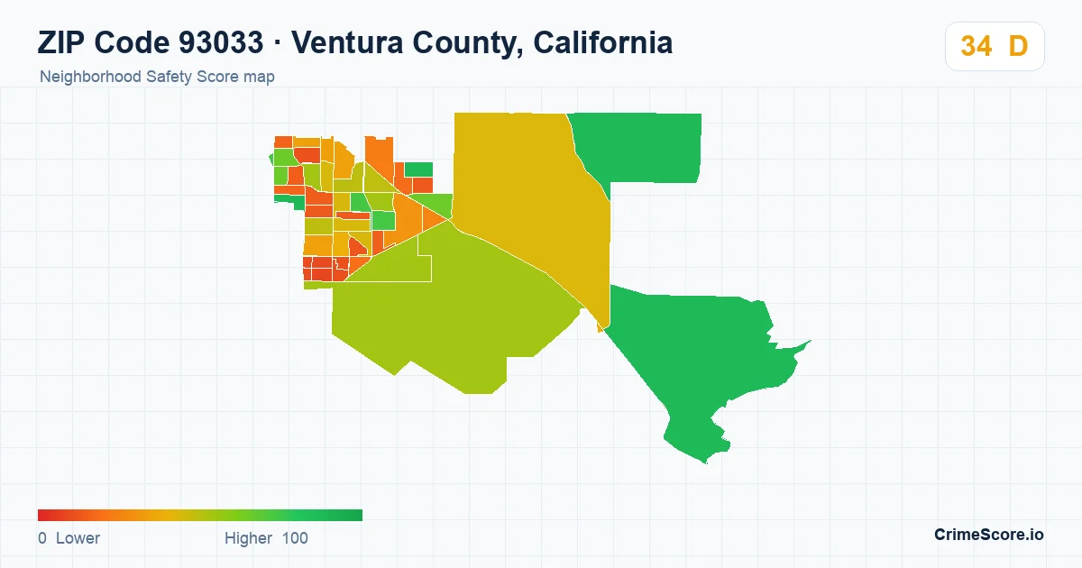 ZIP Code 93033 in Ventura County, California neighborhood Safety Score map