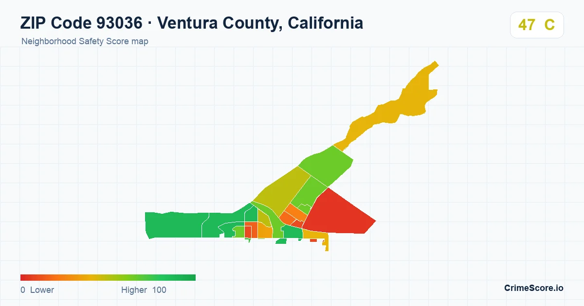 ZIP Code 93036 in Ventura County, California neighborhood Safety Score map