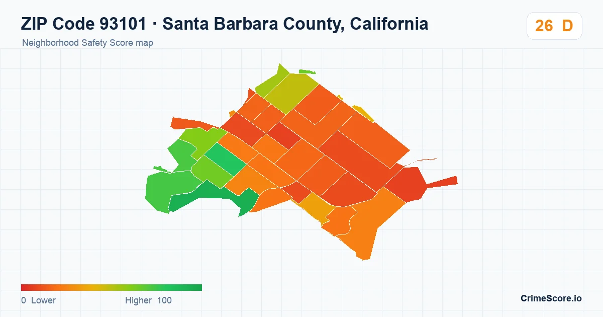 ZIP Code 93101 in Santa Barbara County, California neighborhood Safety Score map