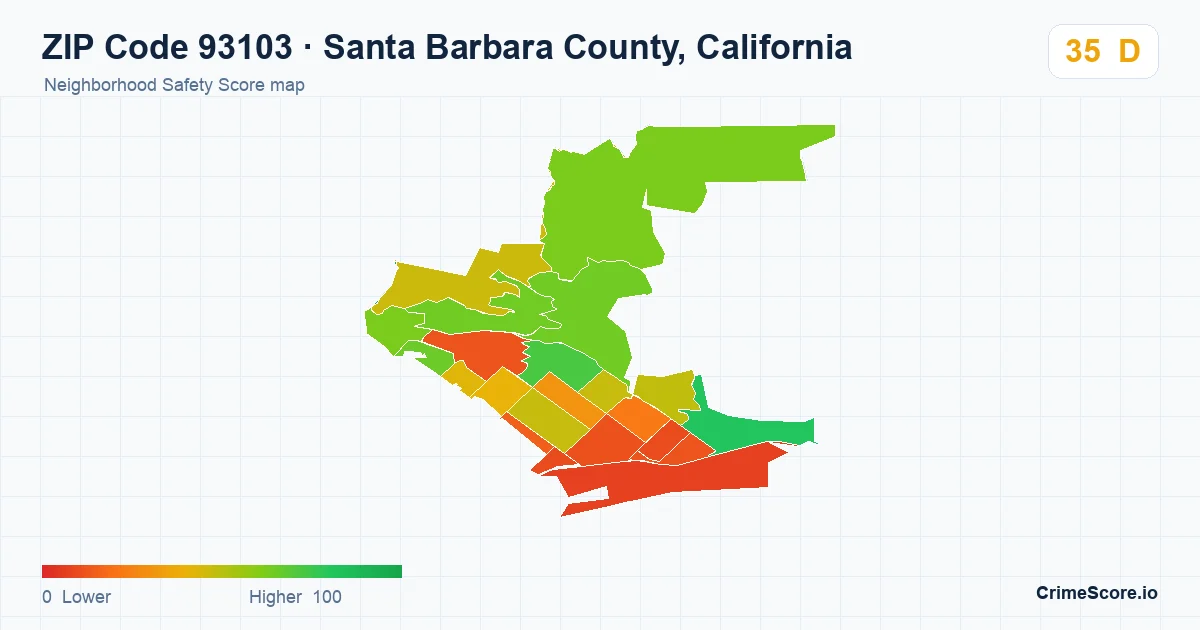 ZIP Code 93103 in Santa Barbara County, California neighborhood Safety Score map