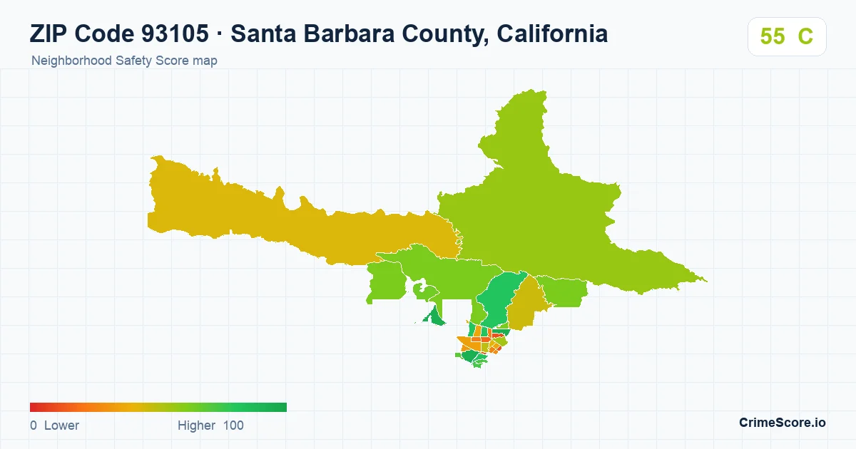 ZIP Code 93105 in Santa Barbara County, California neighborhood Safety Score map