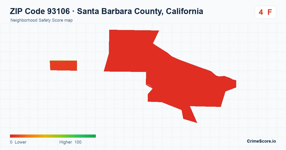 ZIP Code 93106 in Santa Barbara County, California neighborhood Safety Score map