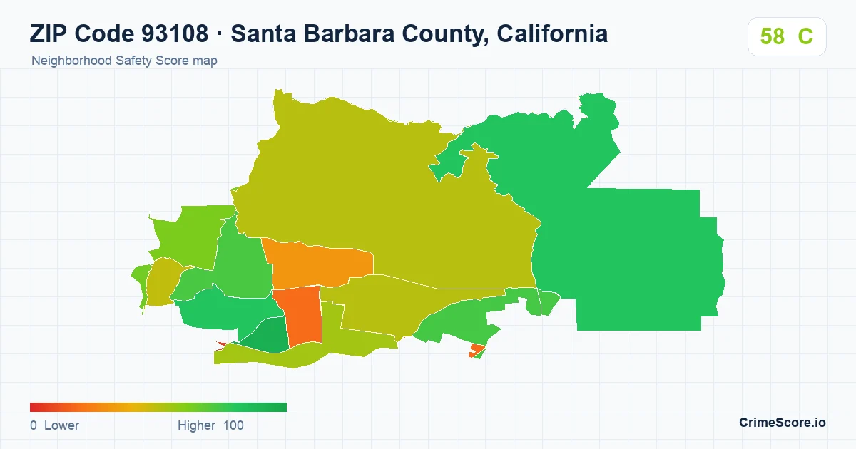 ZIP Code 93108 in Santa Barbara County, California neighborhood Safety Score map