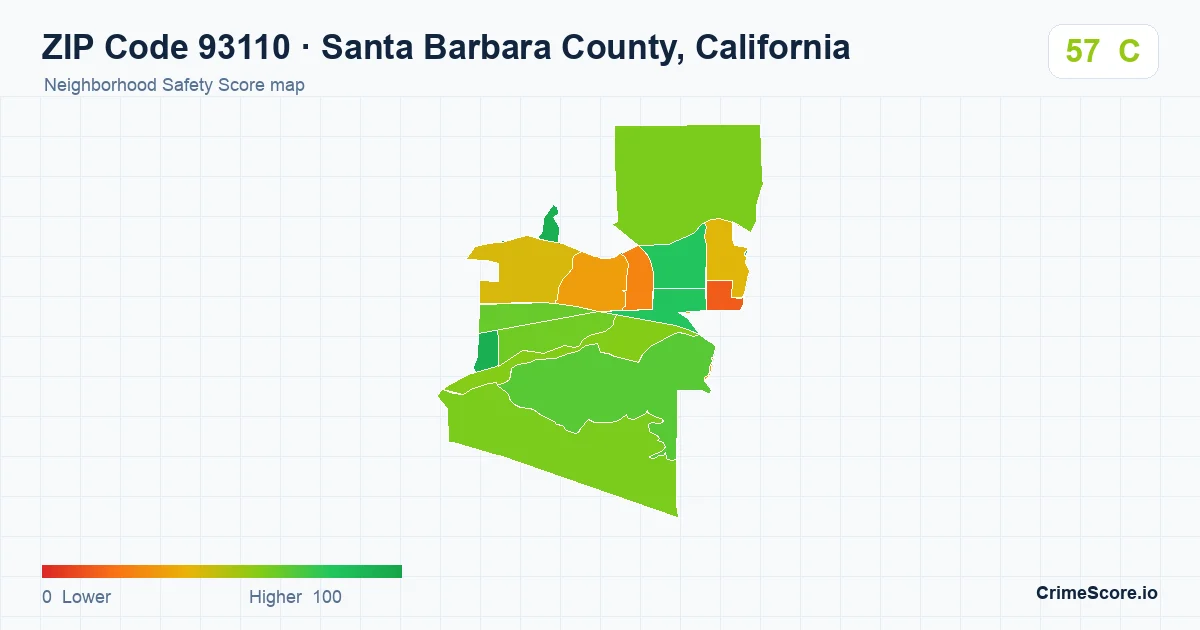 ZIP Code 93110 in Santa Barbara County, California neighborhood Safety Score map