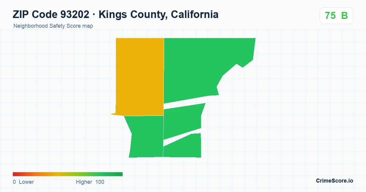 ZIP Code 93202 in Kings County, California neighborhood Safety Score map